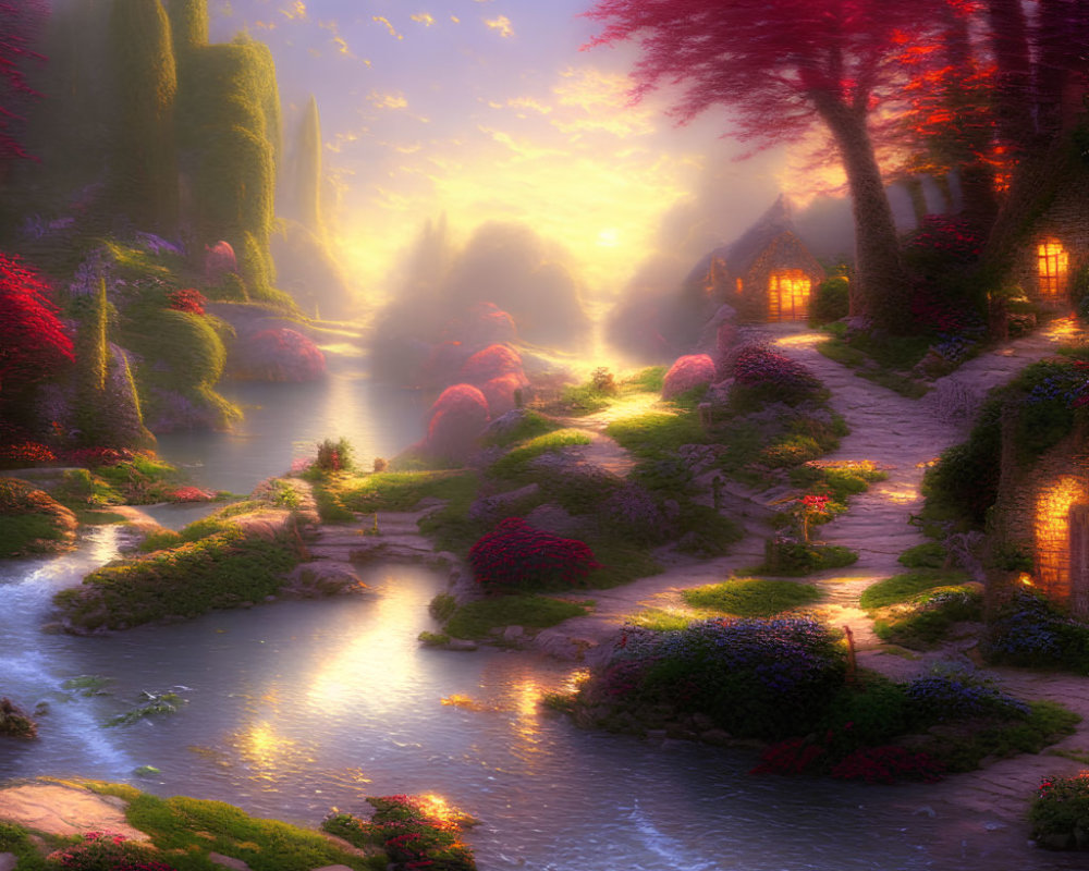 Scenic landscape with winding river, illuminated cottages, lush flora, and warm sunset glow