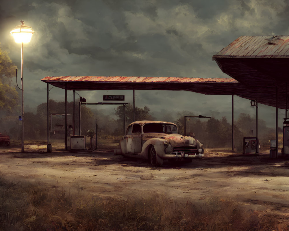 Abandoned rusted car at vintage gas station under gloomy sky