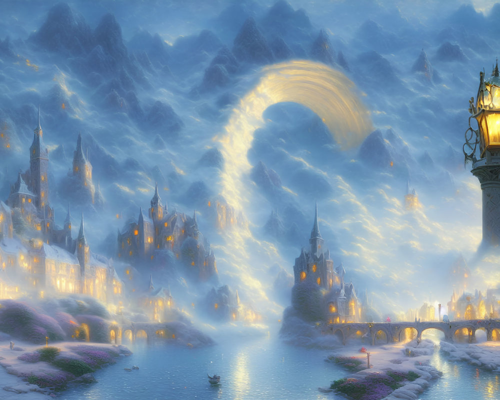 Enchanting fantasy landscape with glowing lamp post, illuminated castle town, river, bridge, swirling clouds