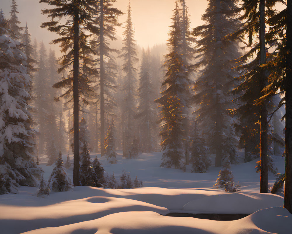 Sunset over Snowy Evergreen Forest with Long Shadows