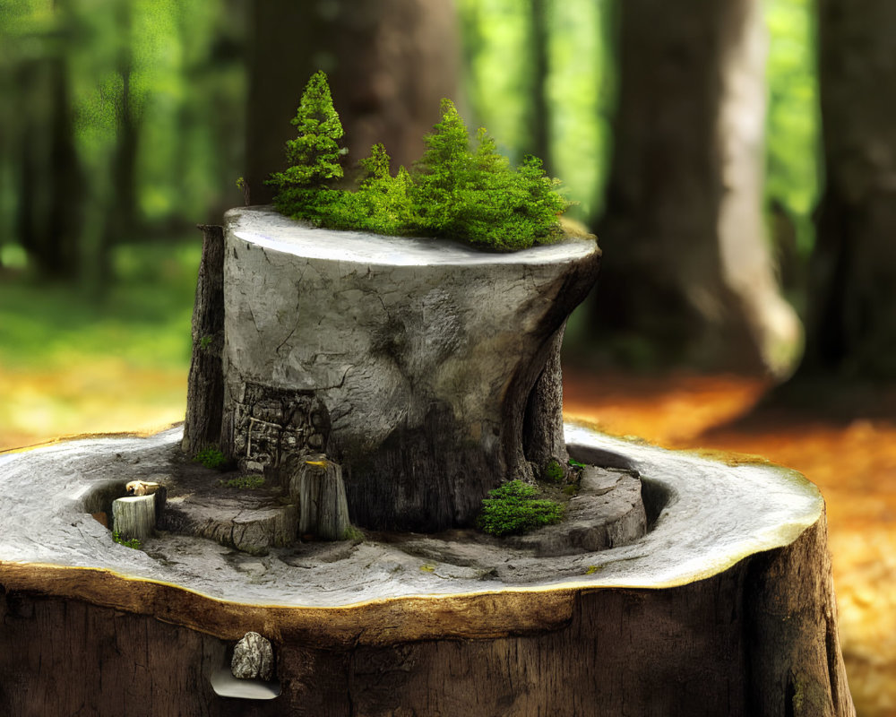 Miniature fantasy scene with small house, pathway, shrubbery, and trees on tree stump