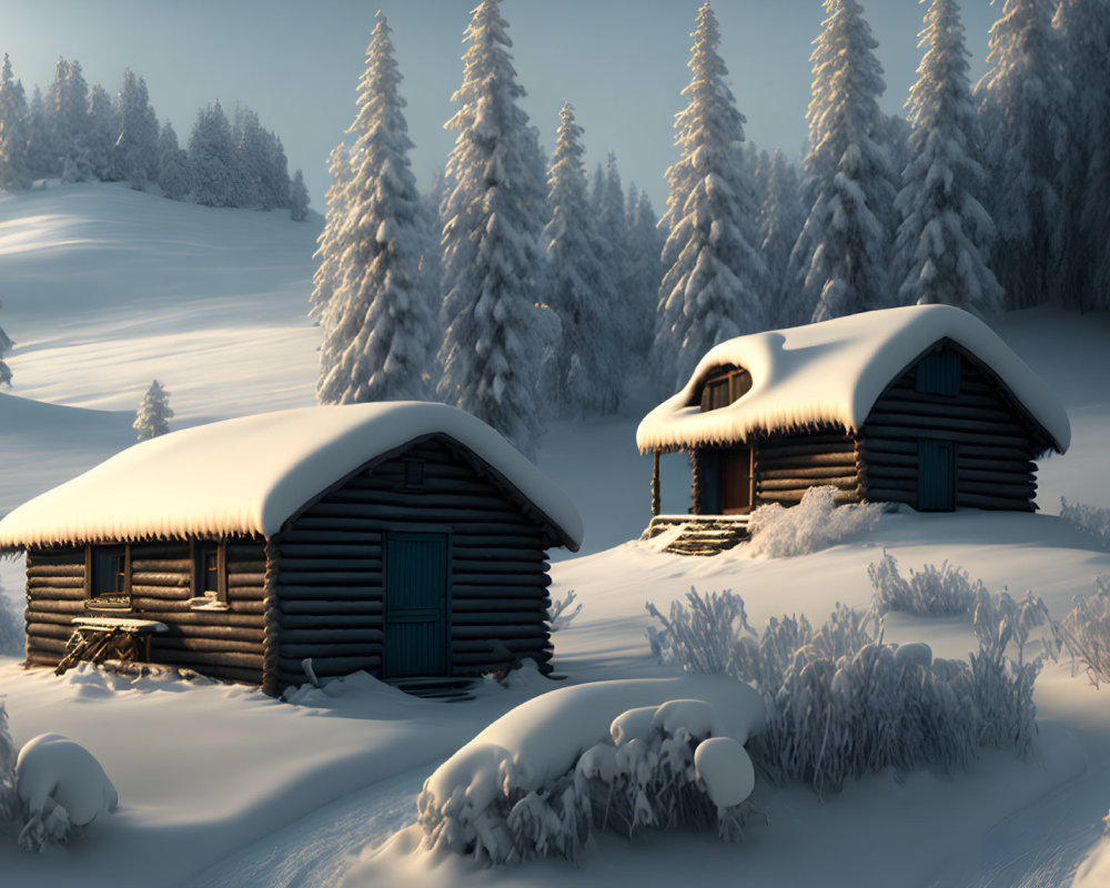 Snow-covered log cabins in serene winter landscape.