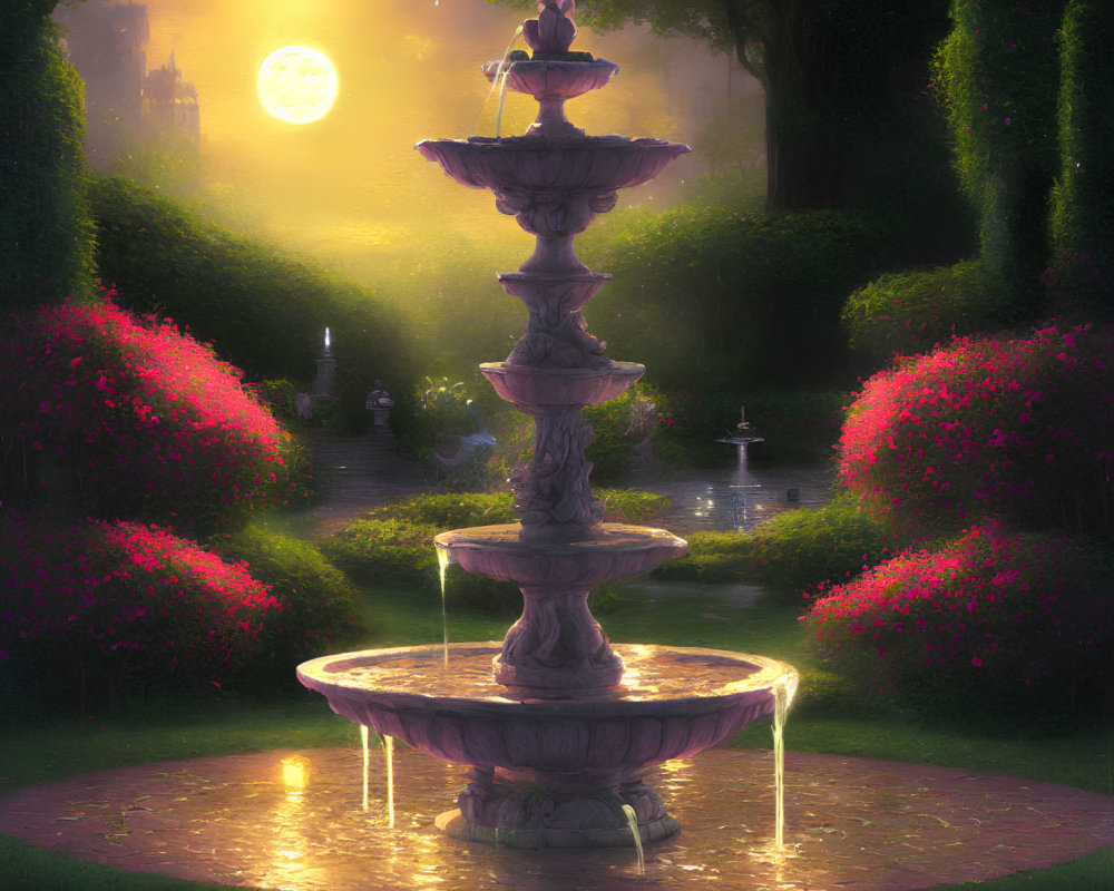 Enchanting dusk garden with glowing fountain, pink blooms, greenery, and fairytale castle