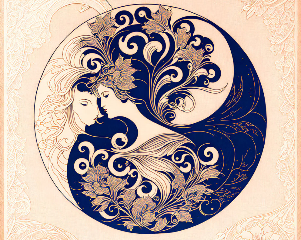 Art Nouveau Style Illustration: Merging Profiles & Floral Motifs in Blue and Beige