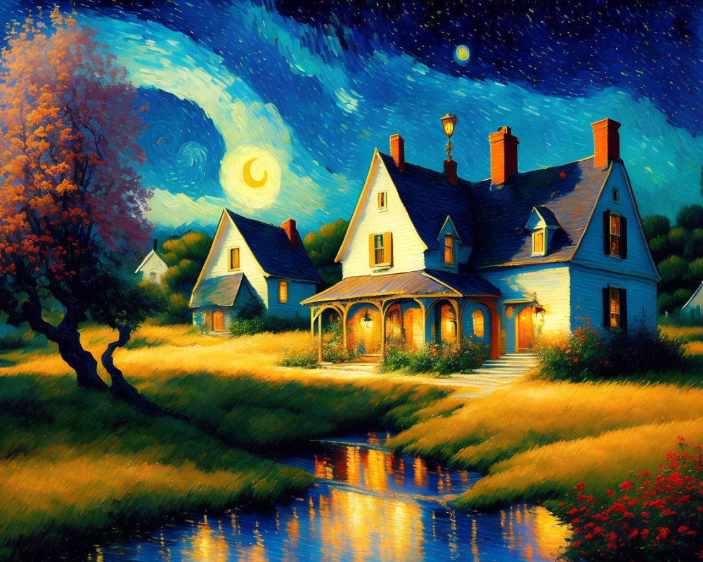 Twilight painting of quaint house by stream under starry sky