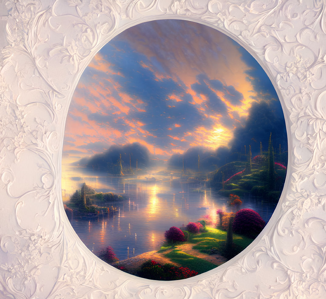 Colorful sunset landscape in ornate oval frame with serene water and lush greenery