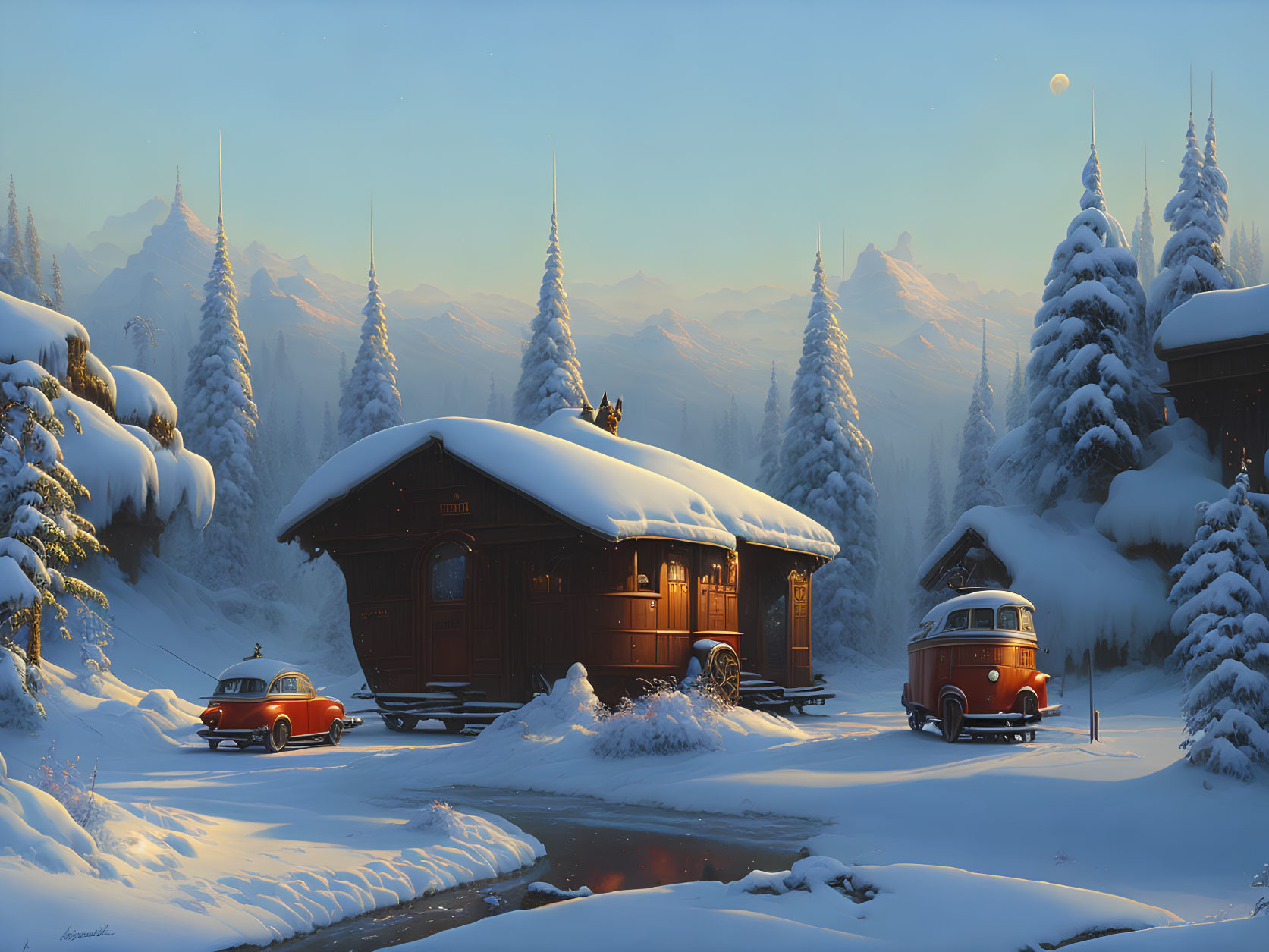 Cozy cabin in snow with red car and van, pine trees, mountains, twilight sky