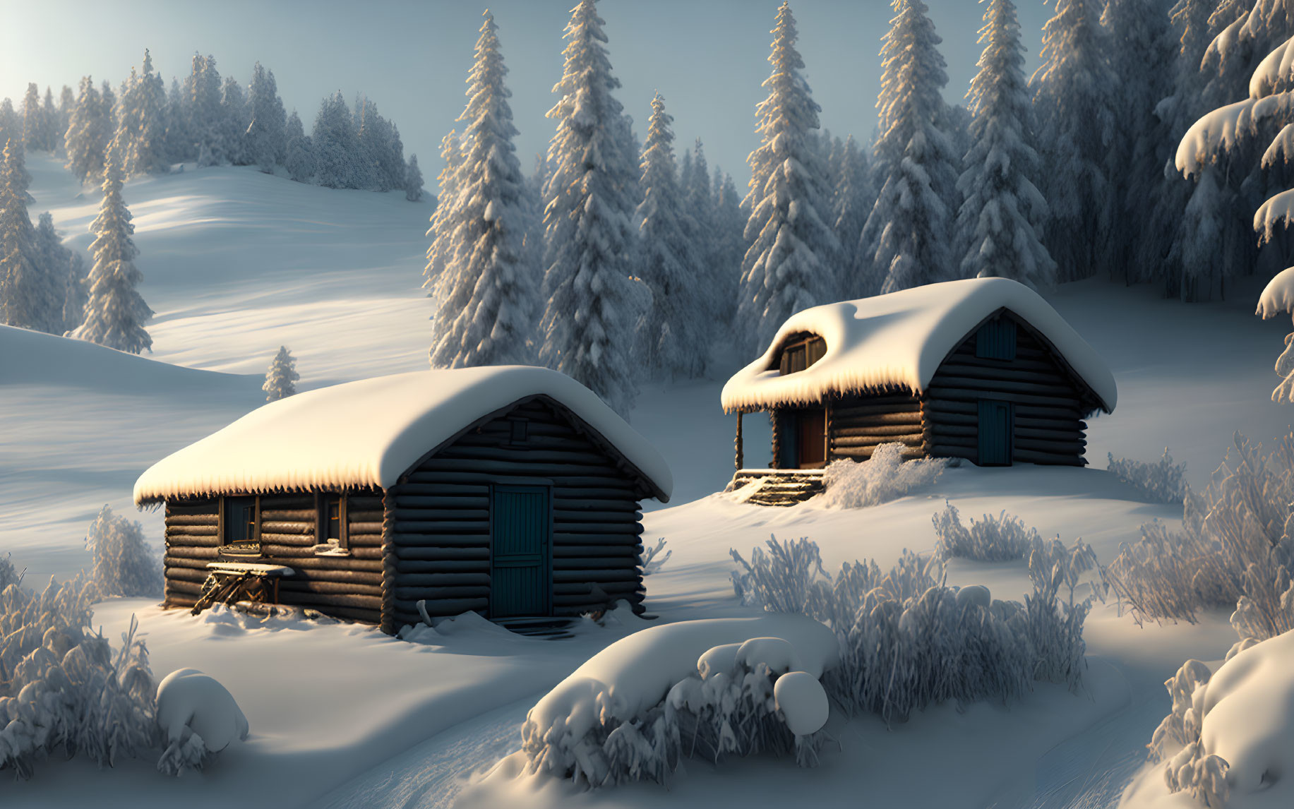 Snow-covered log cabins in serene winter landscape.