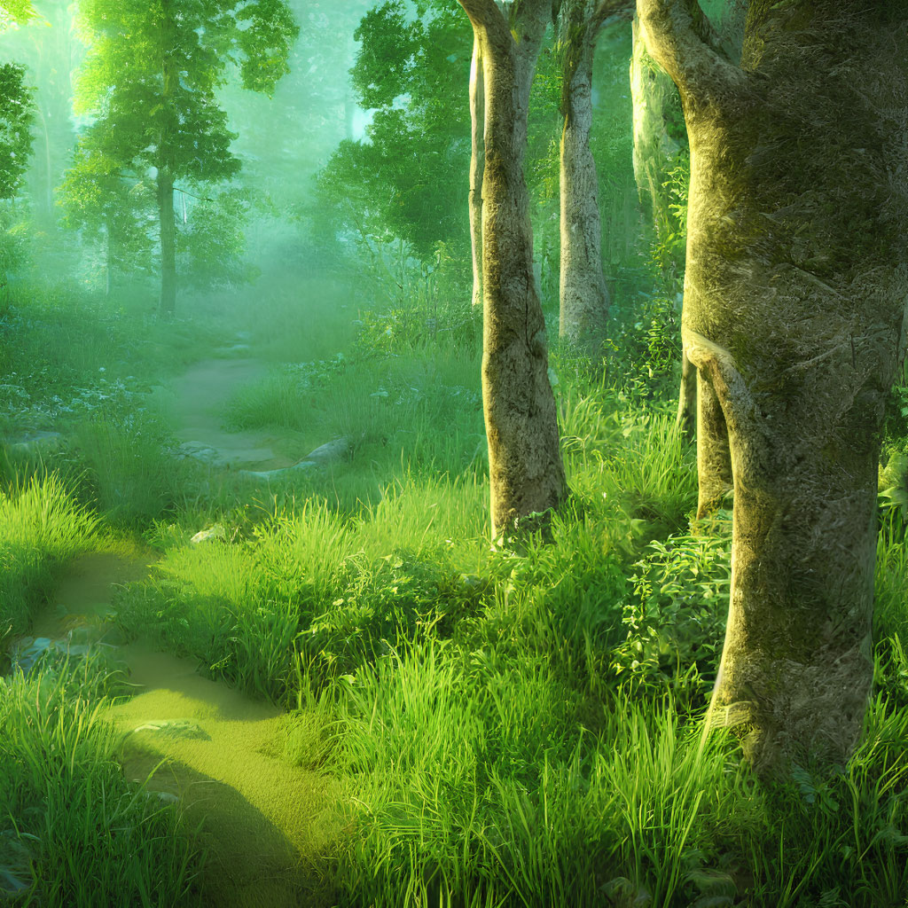 Serene forest scene with winding path and morning mist