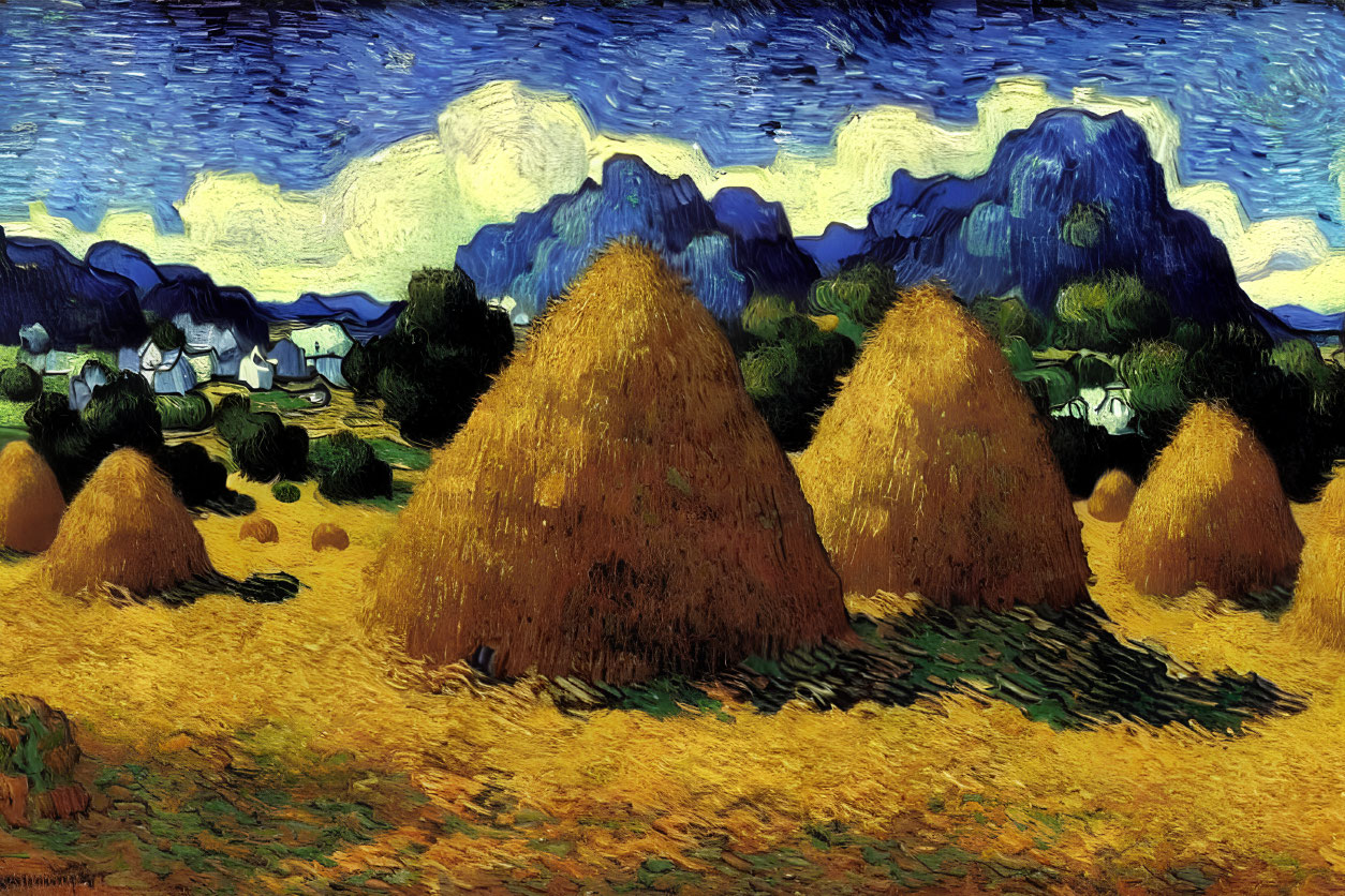 Post-Impressionist Painting: Three Haystacks, Village, and Blue Mountains under Swirling