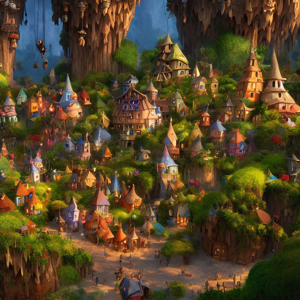 Whimsical fantasy village nestled among giant tree trunks