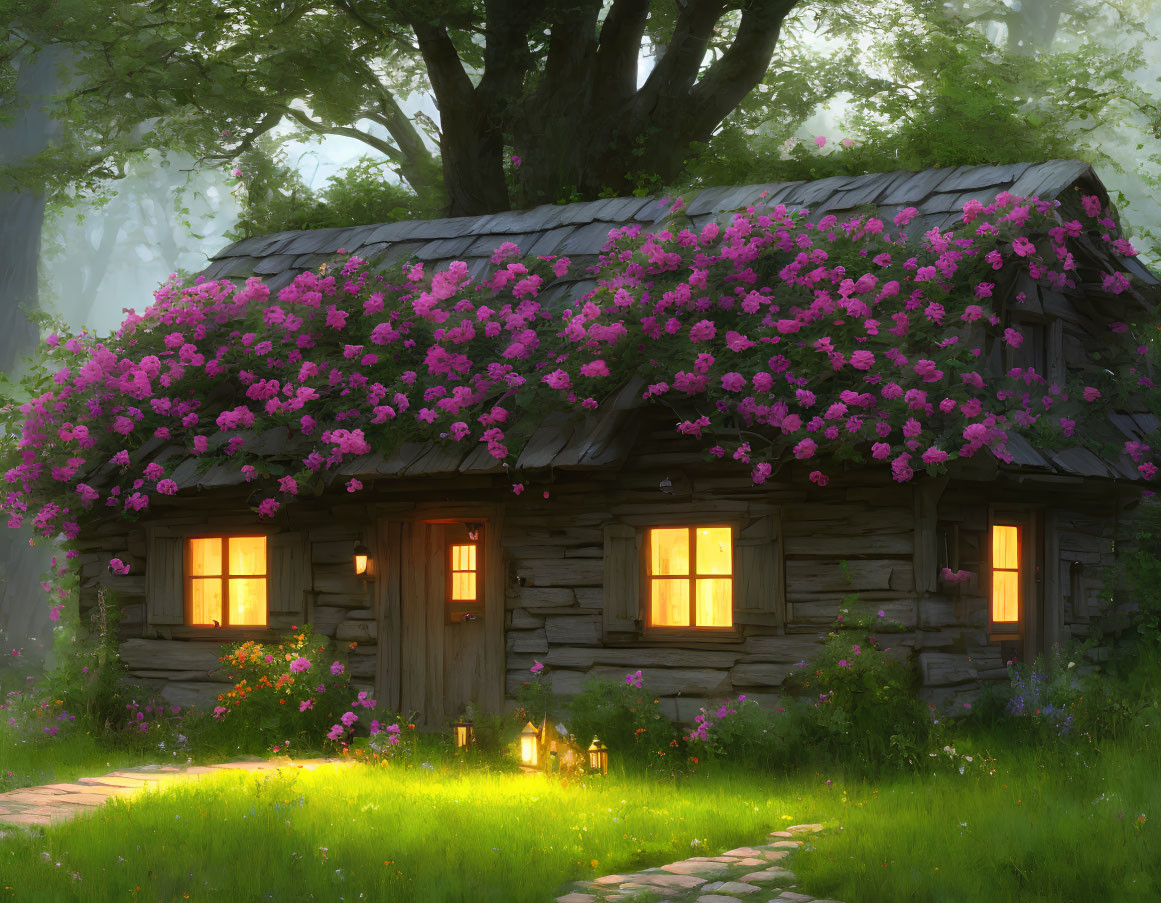 Charming wooden cottage with pink flower roof in lush greenery