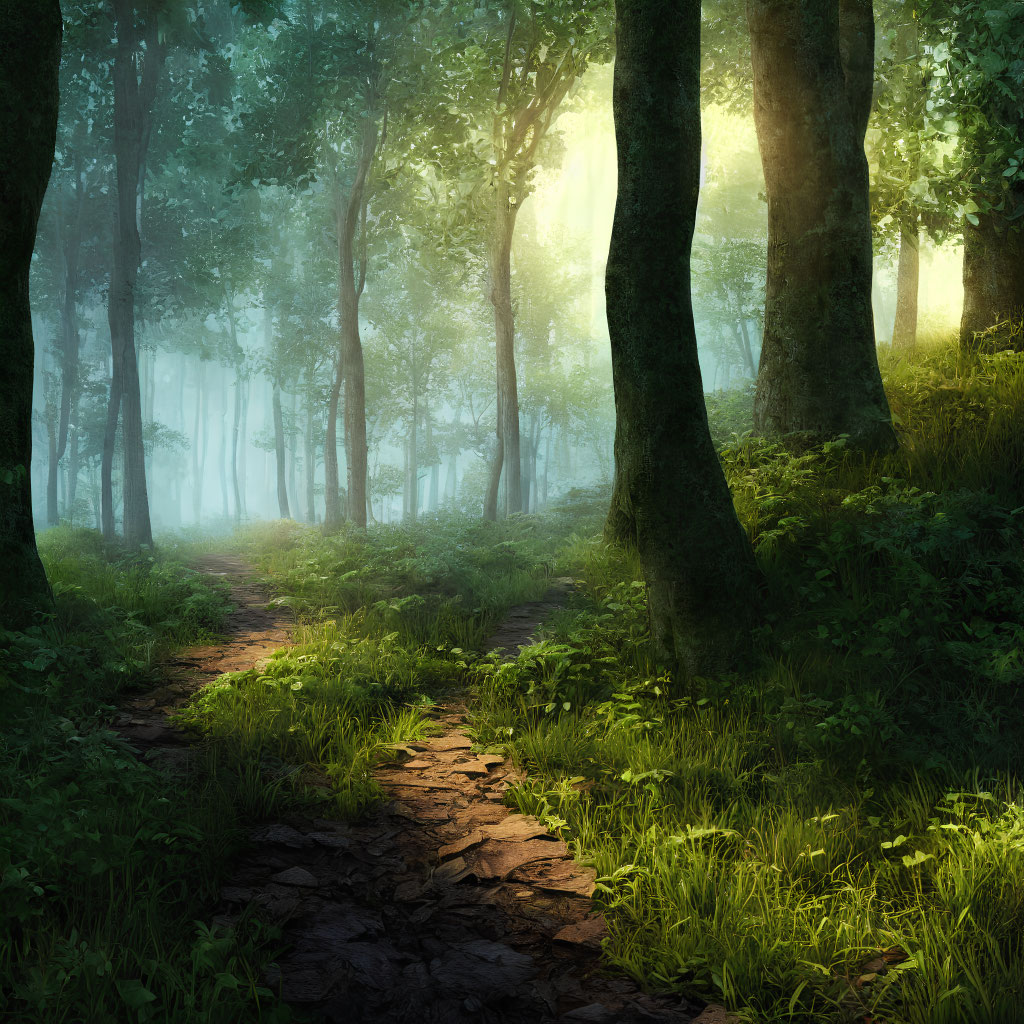 Tranquil forest path with green foliage and morning sunlight