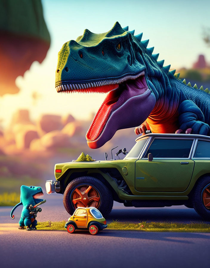 dinosaur and his car