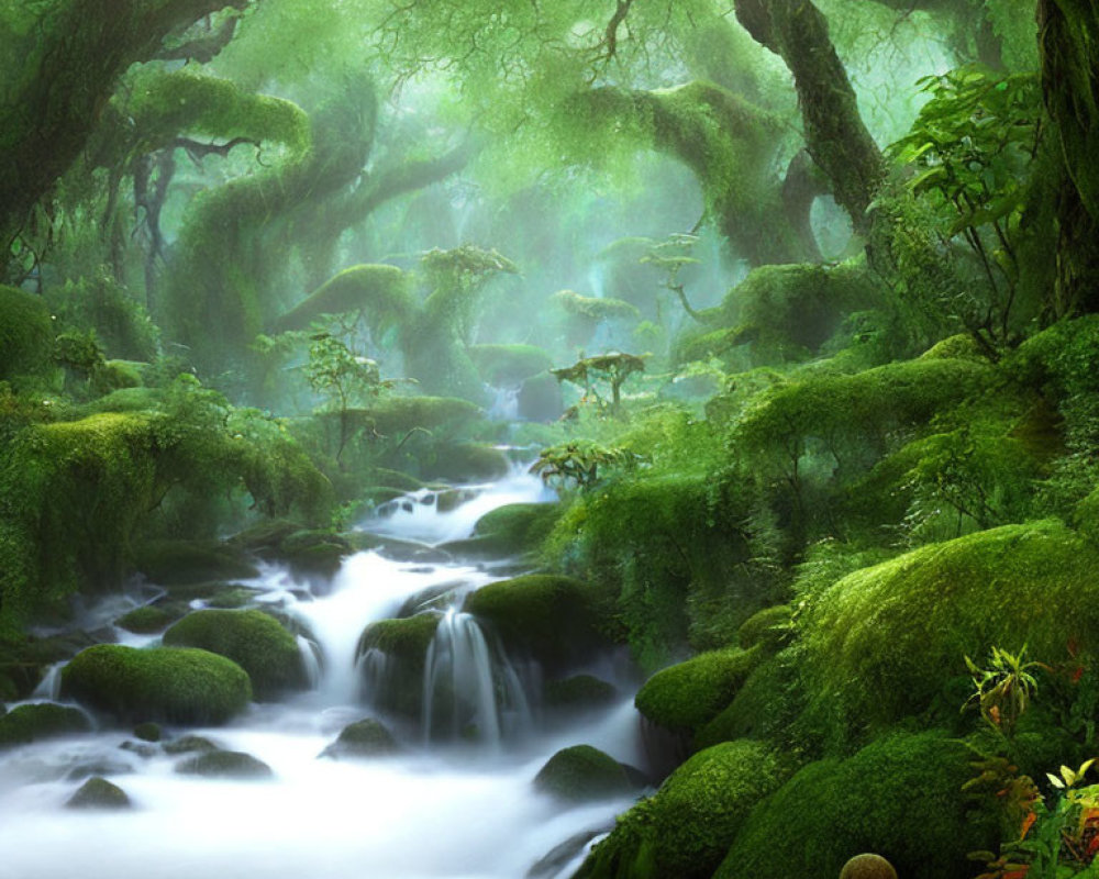 Misty forest scene with moss-covered trees, rocks, and flowing stream