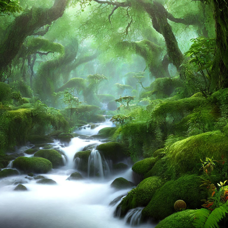 Misty forest scene with moss-covered trees, rocks, and flowing stream