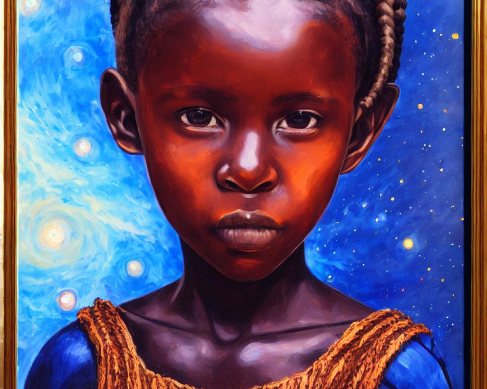 Child portrait with braided hair in golden outfit on starry blue background