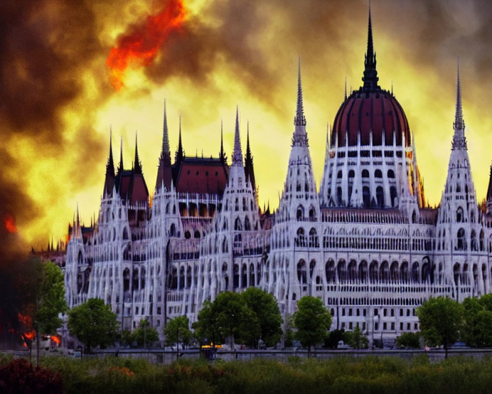 Composite Image: Hungarian Parliament Building in Fiery Sky