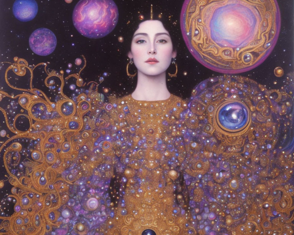 Cosmic-themed woman with intricate patterns and vibrant colors surrounded by celestial bodies