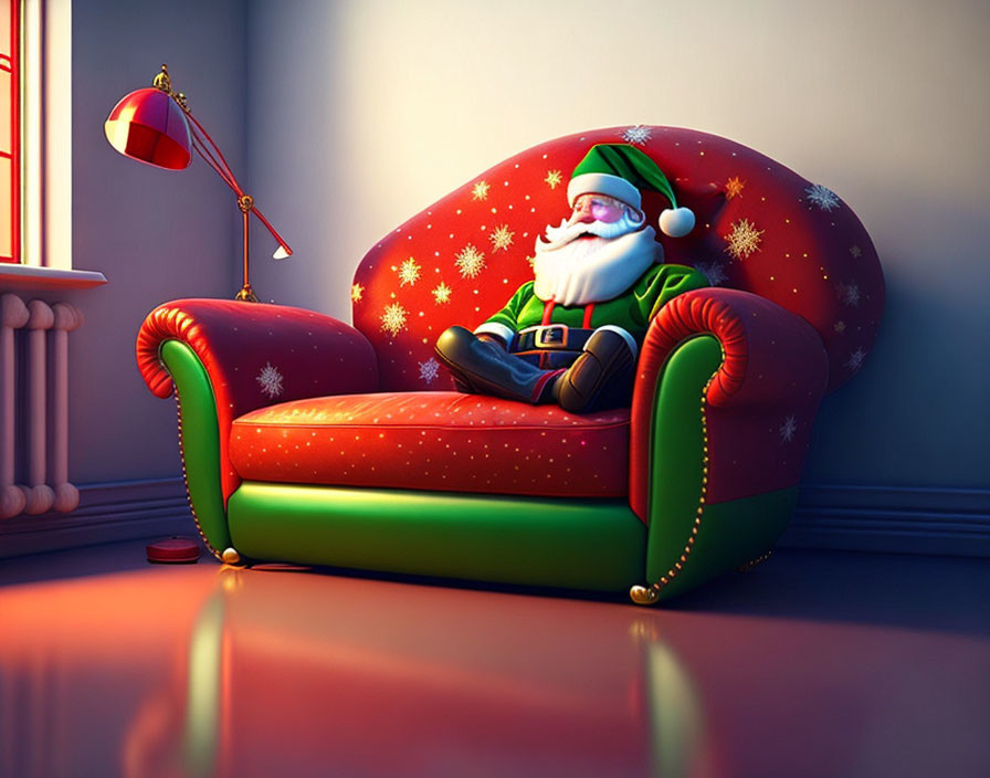 Santa Claus resting on a sofa.