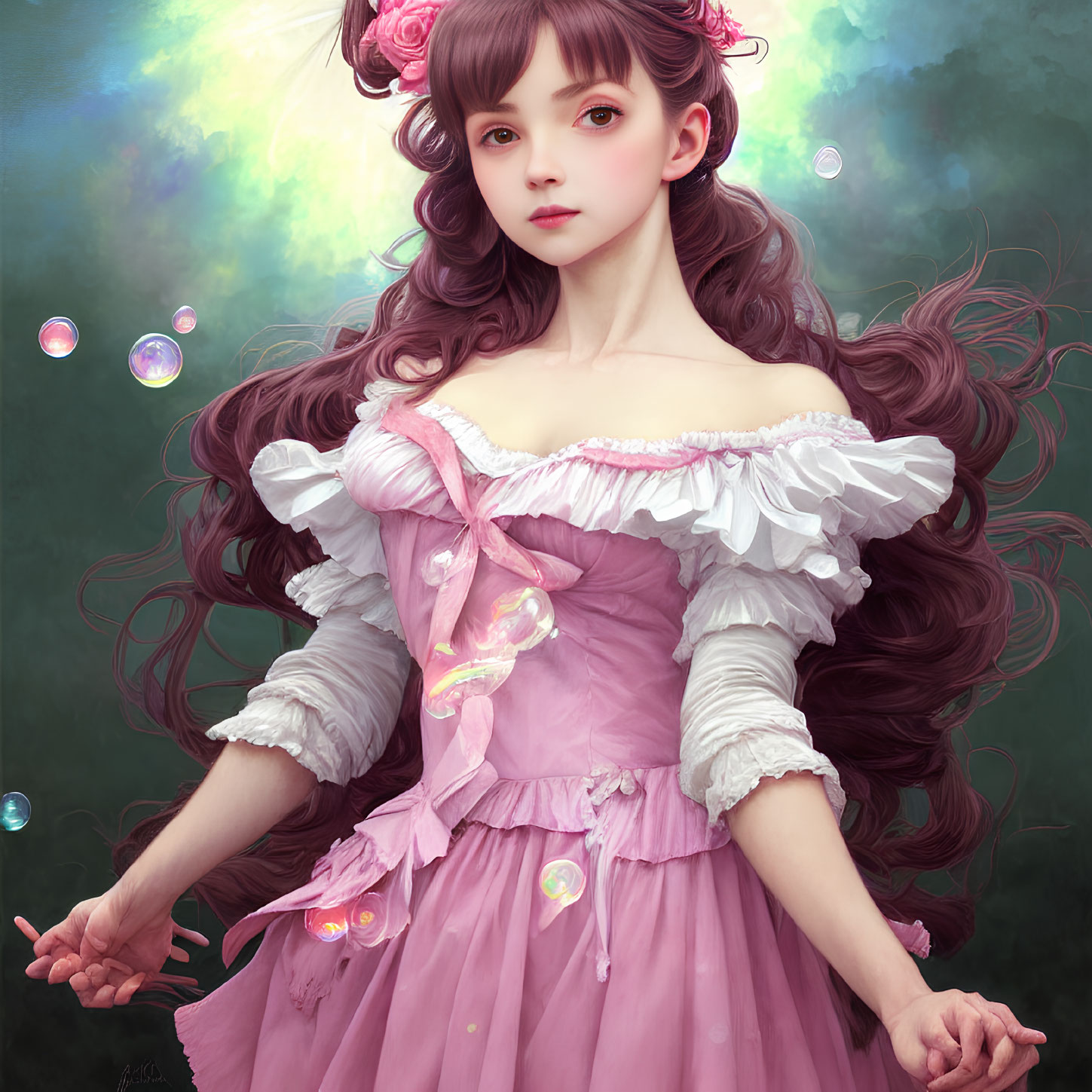 Digital painting of woman with long wavy hair in pink and white dress amid floating bubbles on green backdrop
