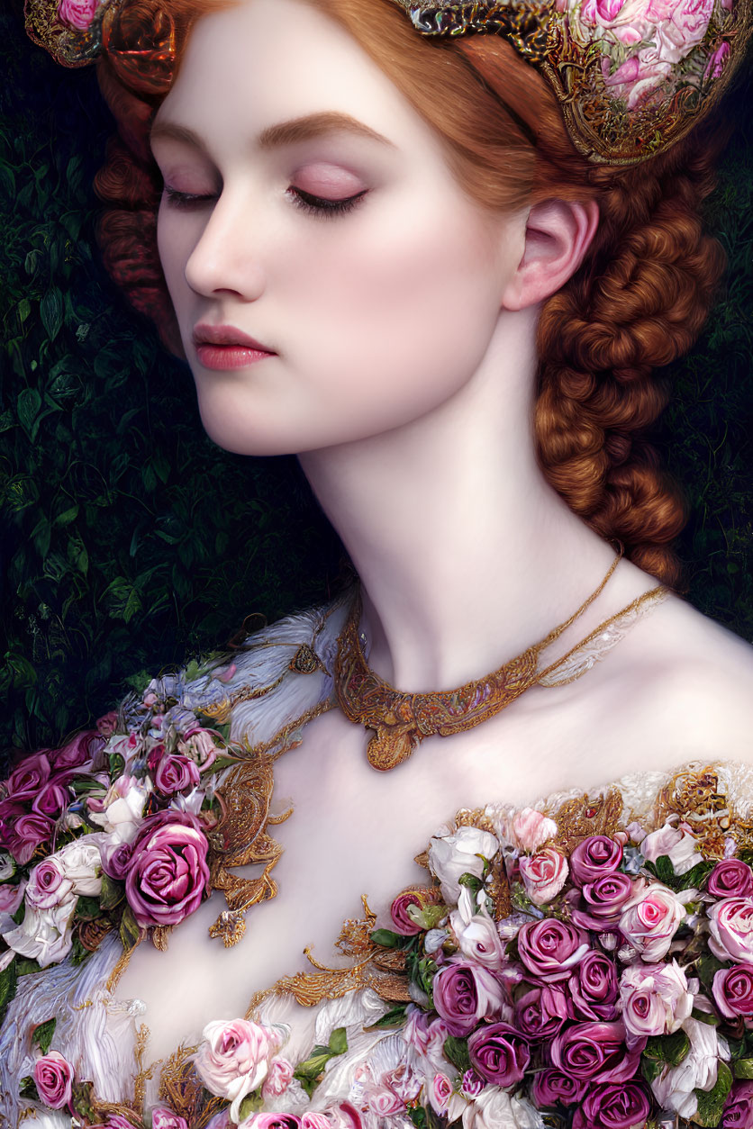 Portrait of woman with braided hair, golden crown, closed eyes, necklace, and roses.