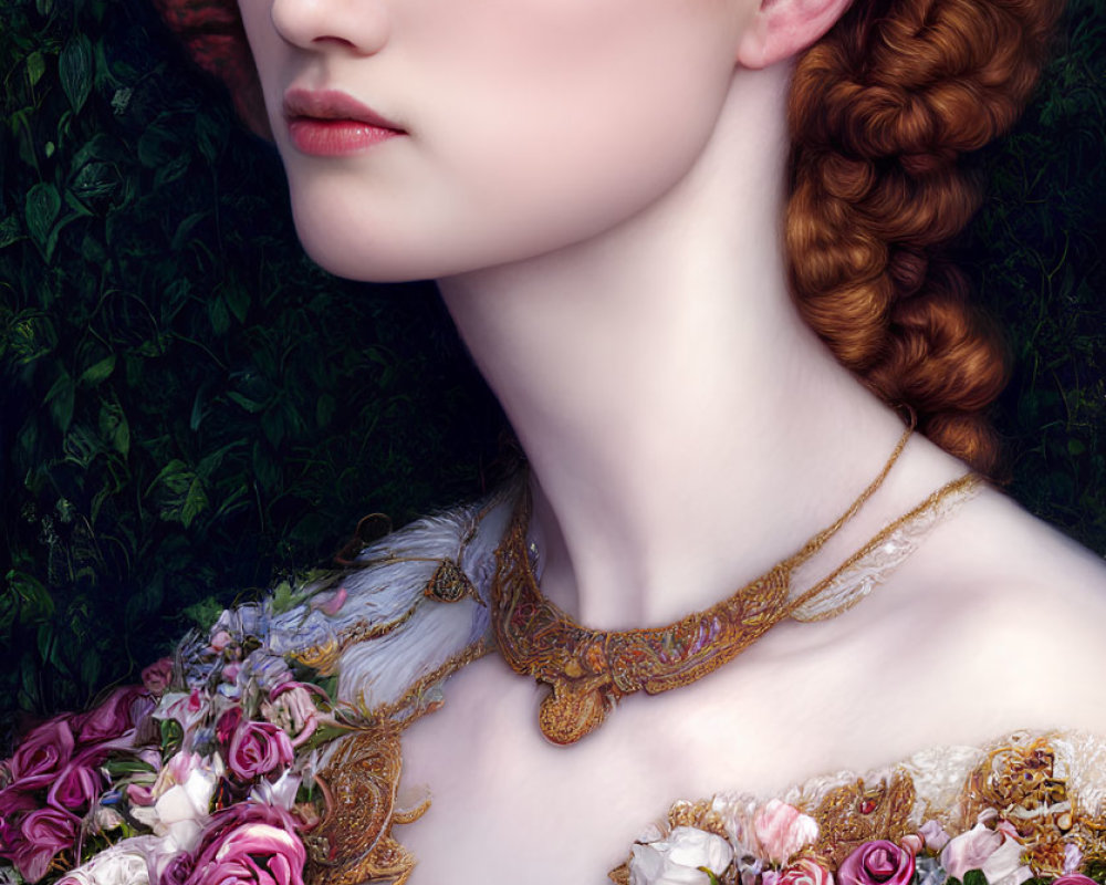 Portrait of woman with braided hair, golden crown, closed eyes, necklace, and roses.