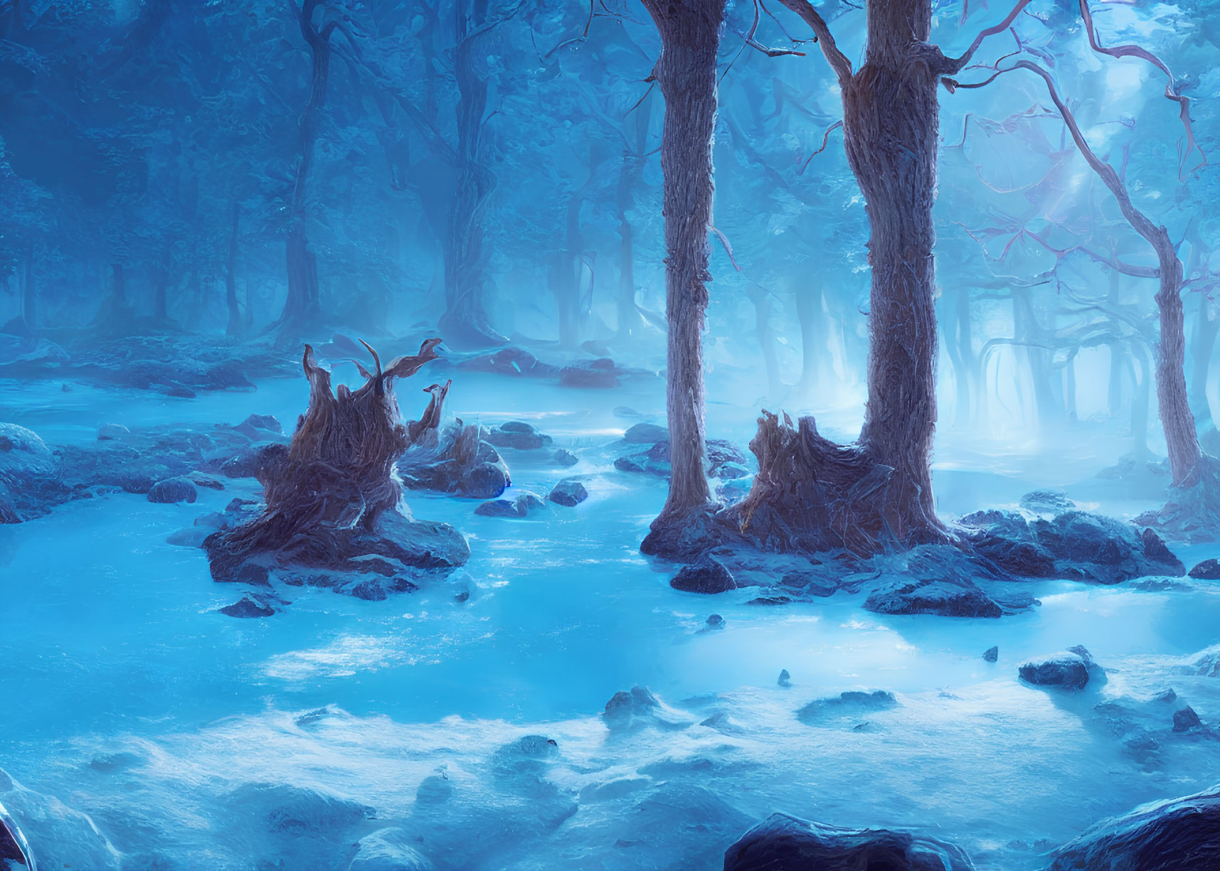 Mystical Blue Forest with Ethereal Light and Dense Fog