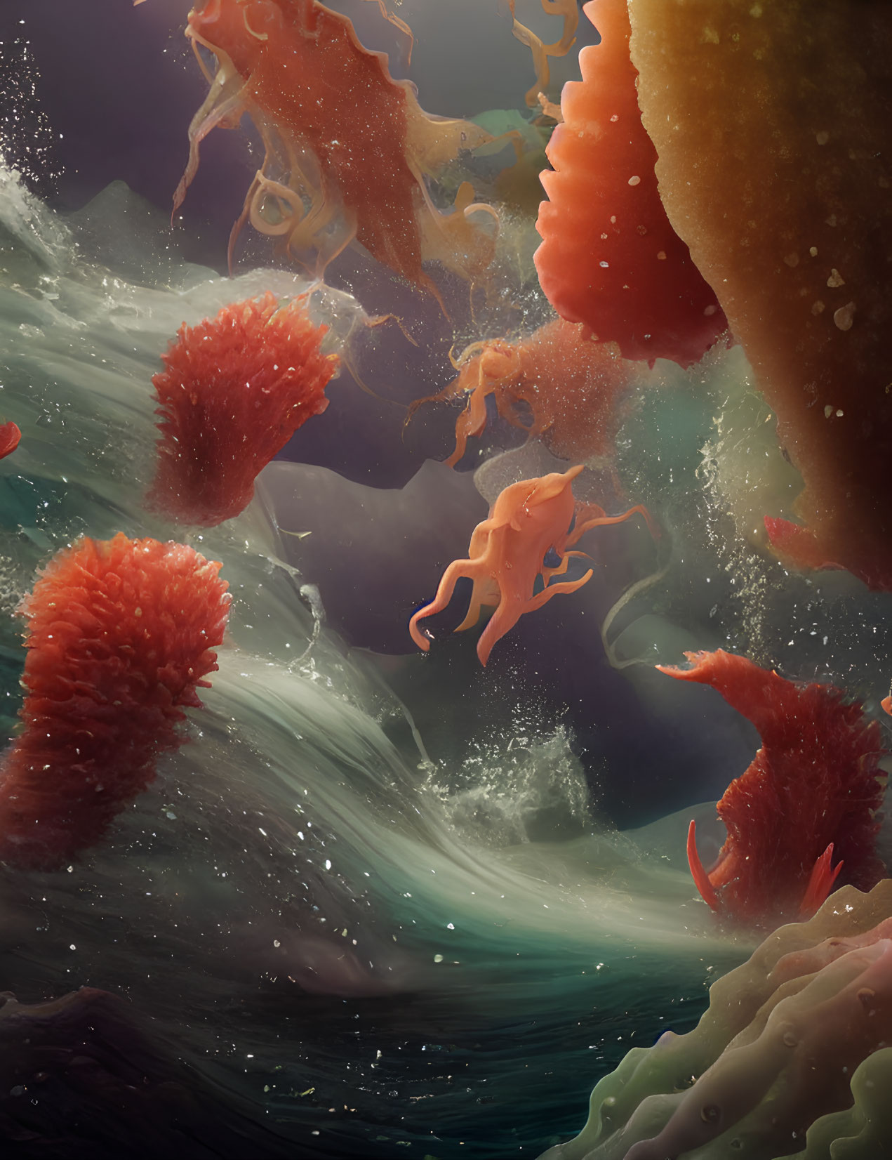 Vibrant underwater scene with floating jellyfish-like creatures and coral structures in oranges and reds