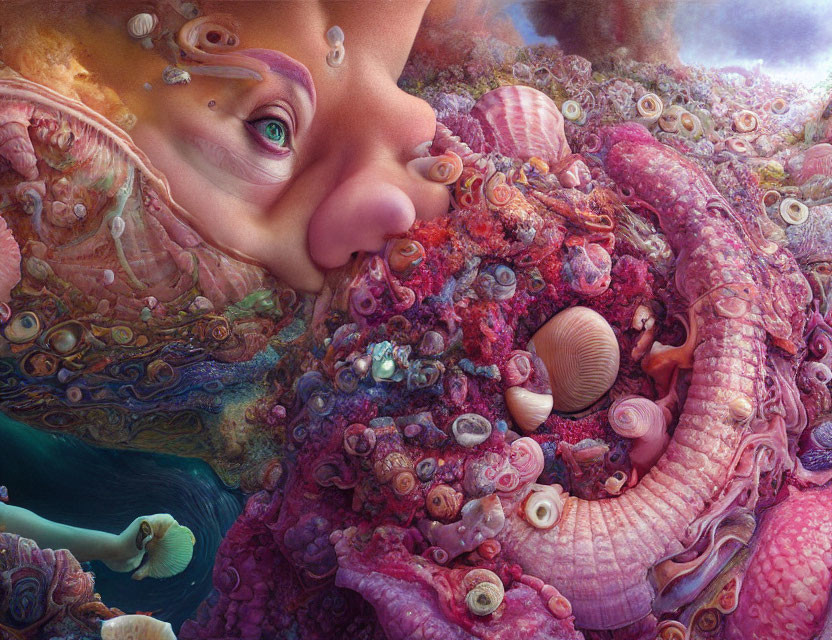 Surreal giant woman's face in vibrant marine landscape