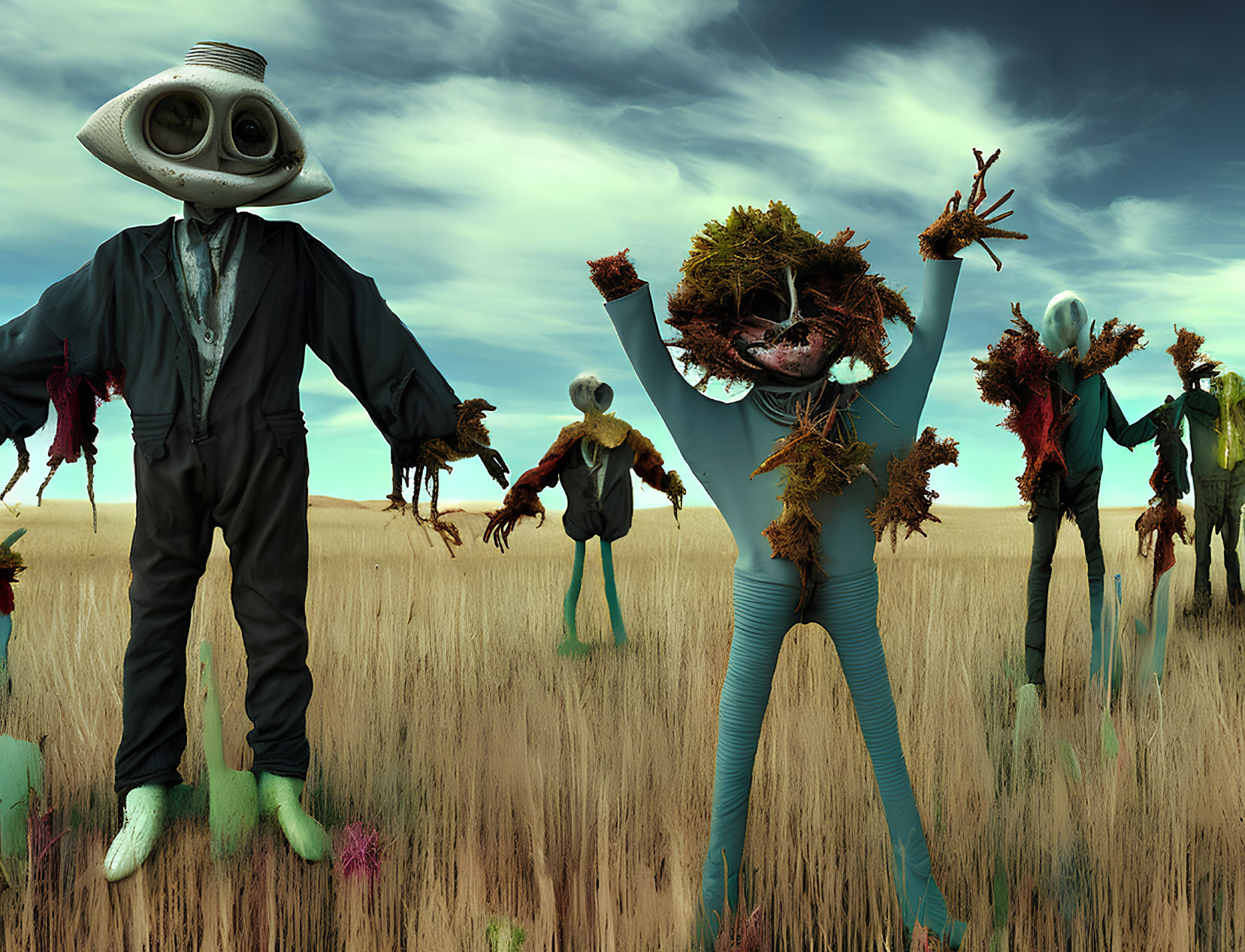 Whimsical scarecrows with alien heads in surreal landscape