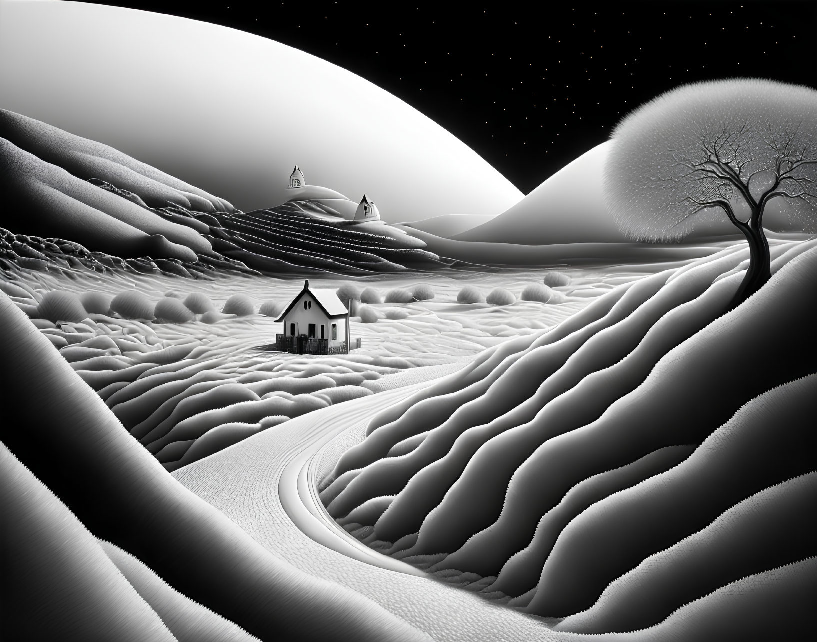 Monochrome landscape with small house, bare tree, rolling hills, and starry sky depicting tranquil winter