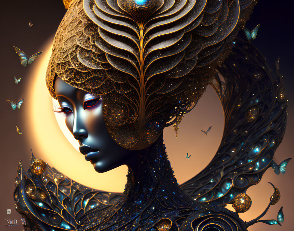 Regal figure digital artwork with peacock feathers, metallic sheen, and glowing eyes.