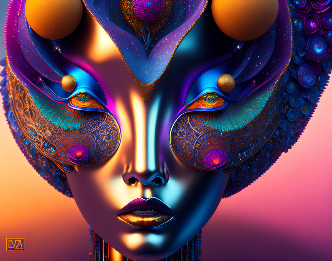 Colorful surreal digital artwork: intricate patterns, metallic textures, glowing eyes