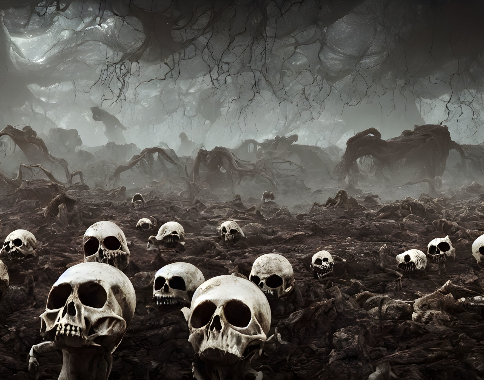 Barren Landscape with Human Skulls and Twisted Roots