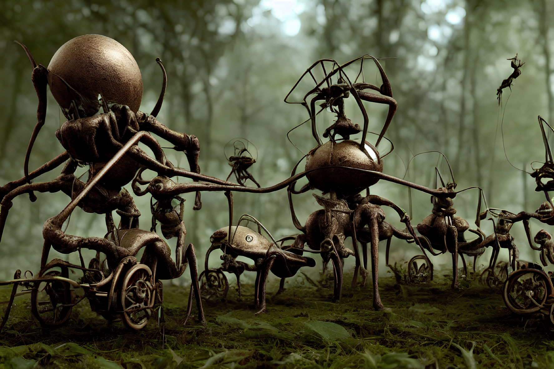 Mechanical Ants in Misty Forest with Steampunk Aesthetic