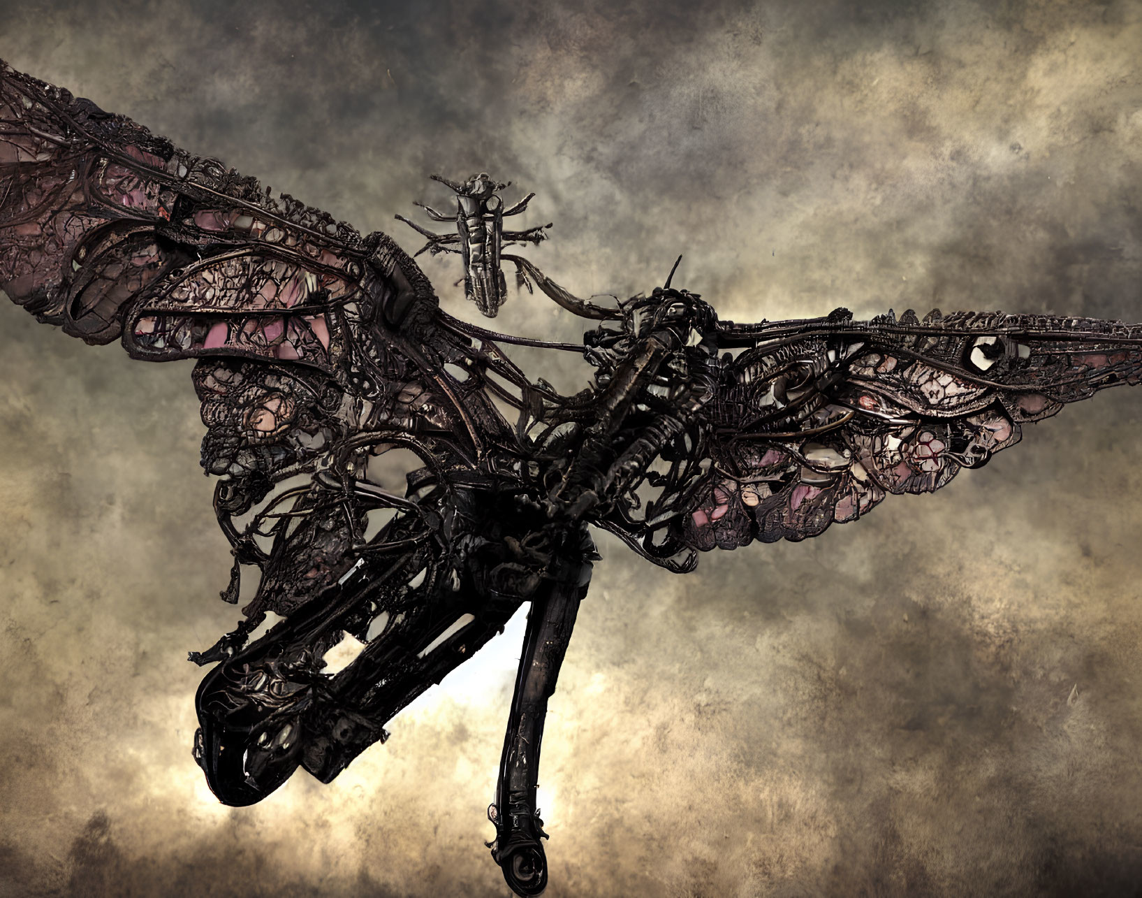 Intricately designed mechanical dragon against dramatic cloudy sky
