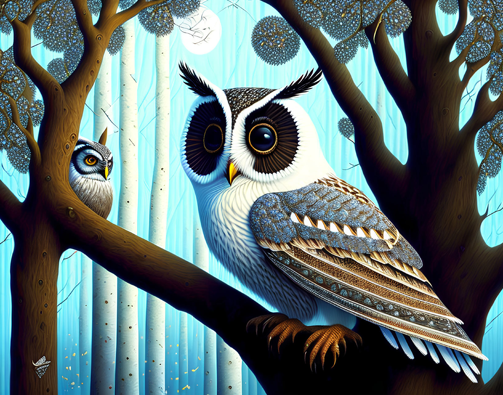 Stylized owl illustration in fantasy woodland with blue palette
