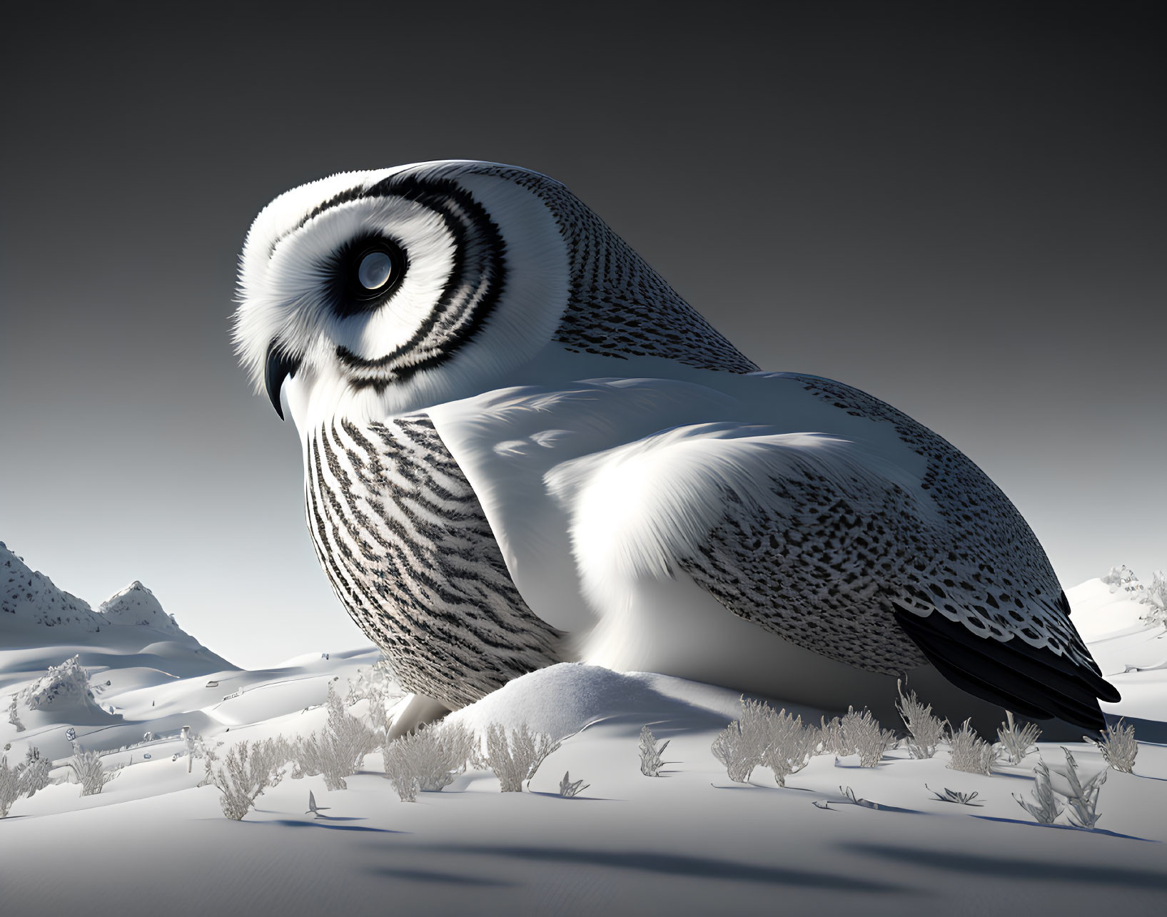 Realistic black and white owl in snowy mountain landscape