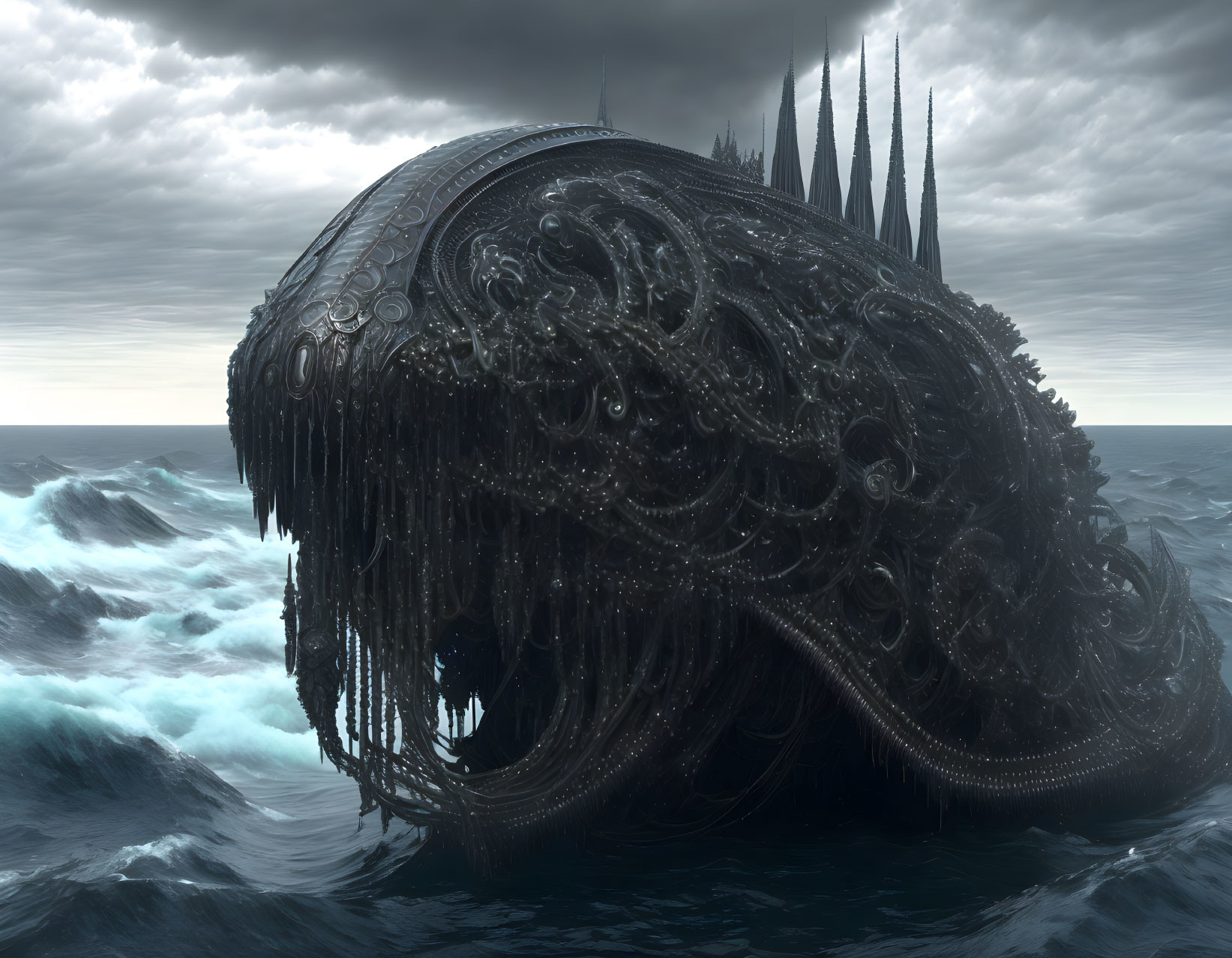 Gigantic cephalopod-like creature in stormy sea with intricate tentacles and towers