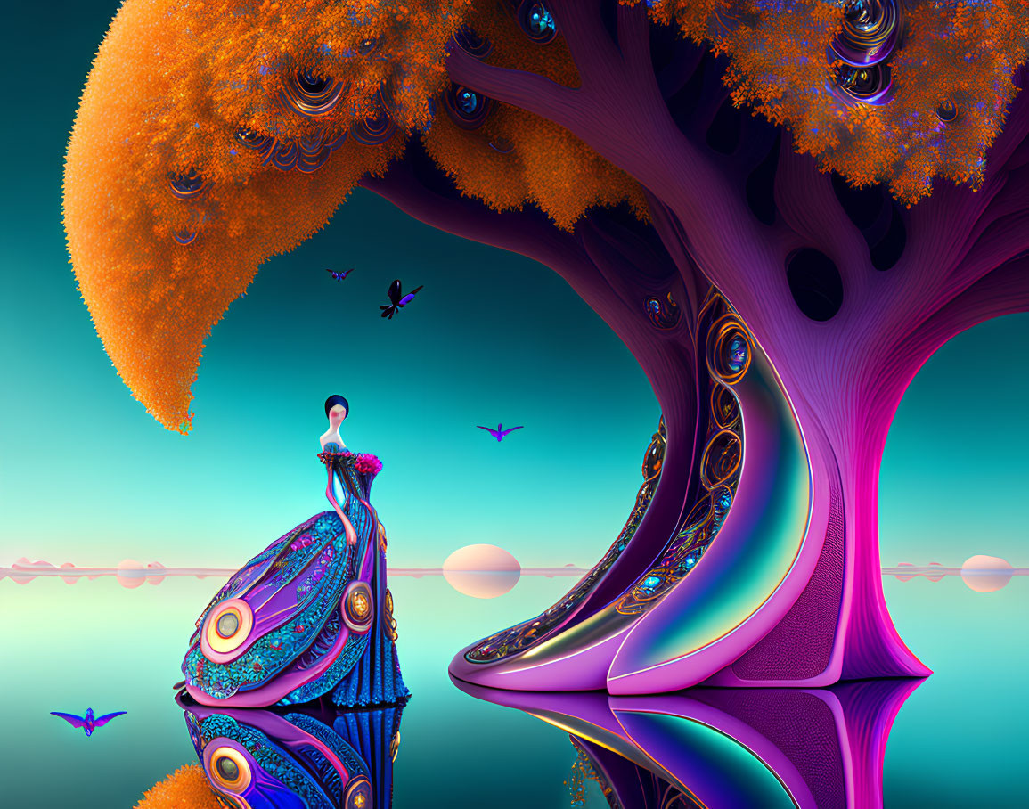 Vibrant orange tree and woman in peacock dress under teal sky with birds and orbs