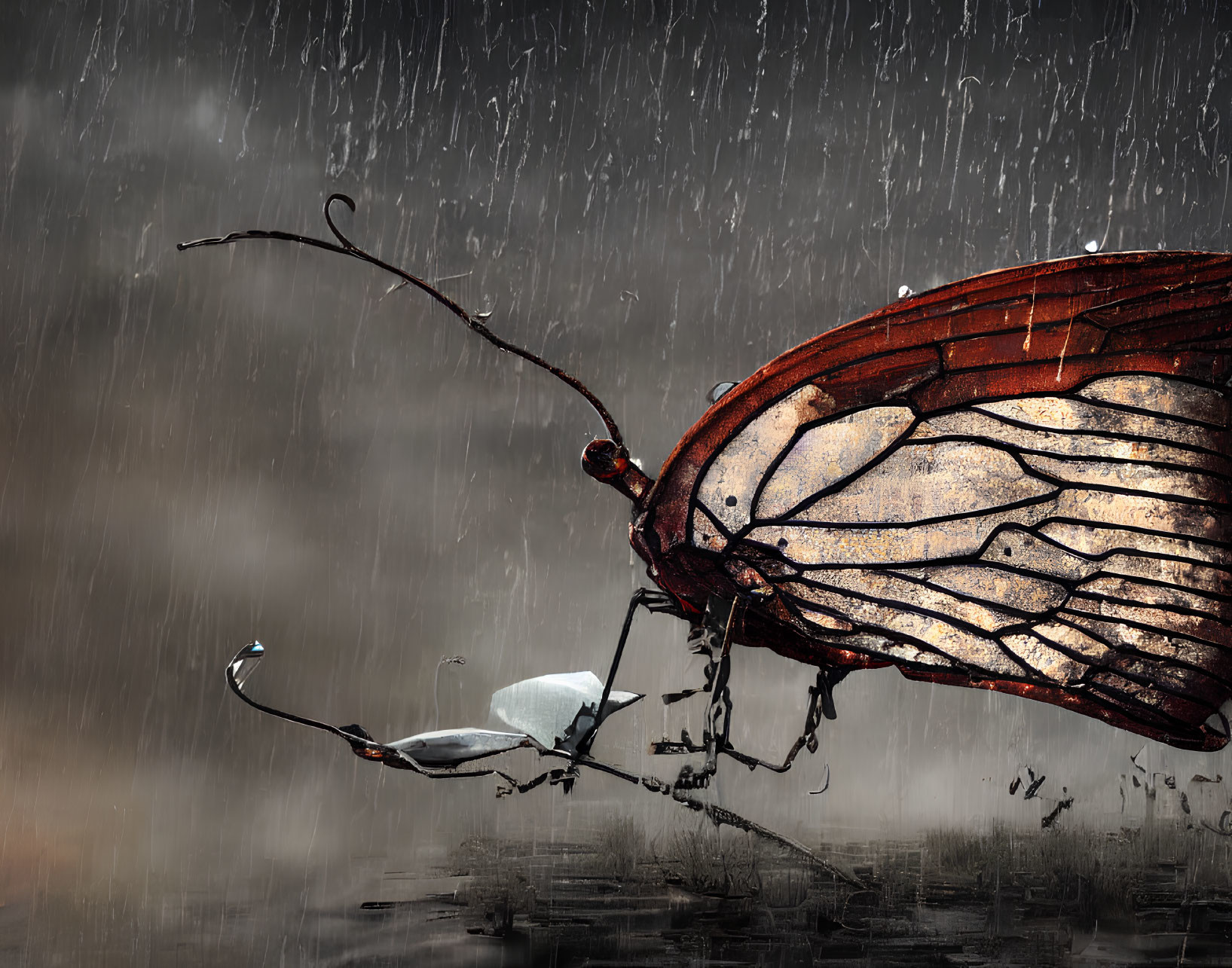 Metallic butterfly structure in rain near pond with figure on boat