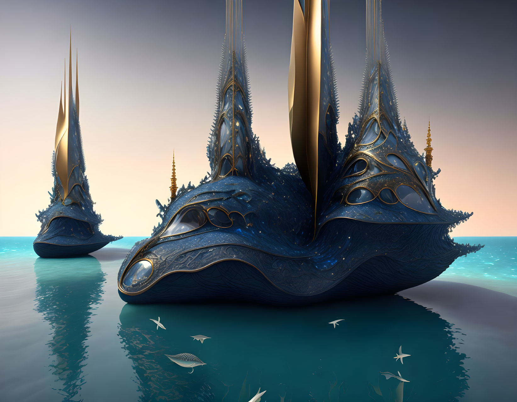 Surreal landscape with floating blue structures on calm water