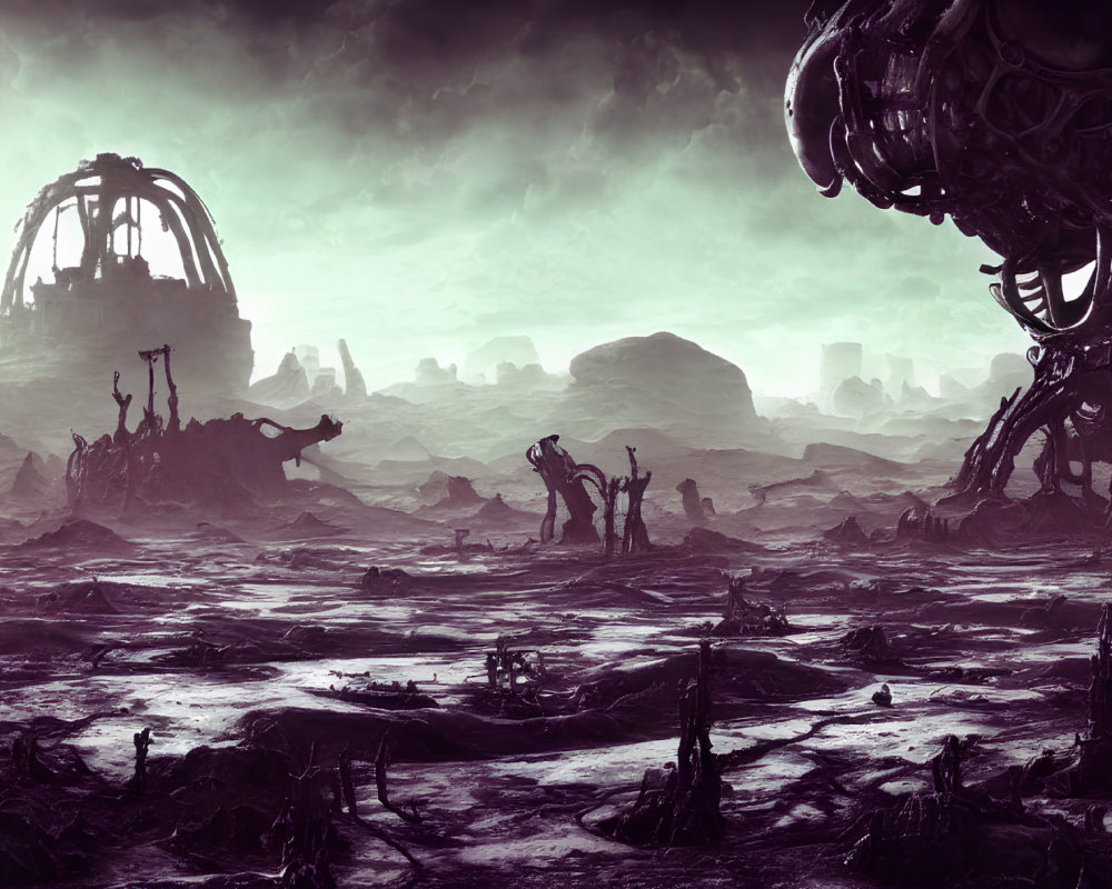 Desolate alien landscape with ruined and futuristic structures under stormy sky