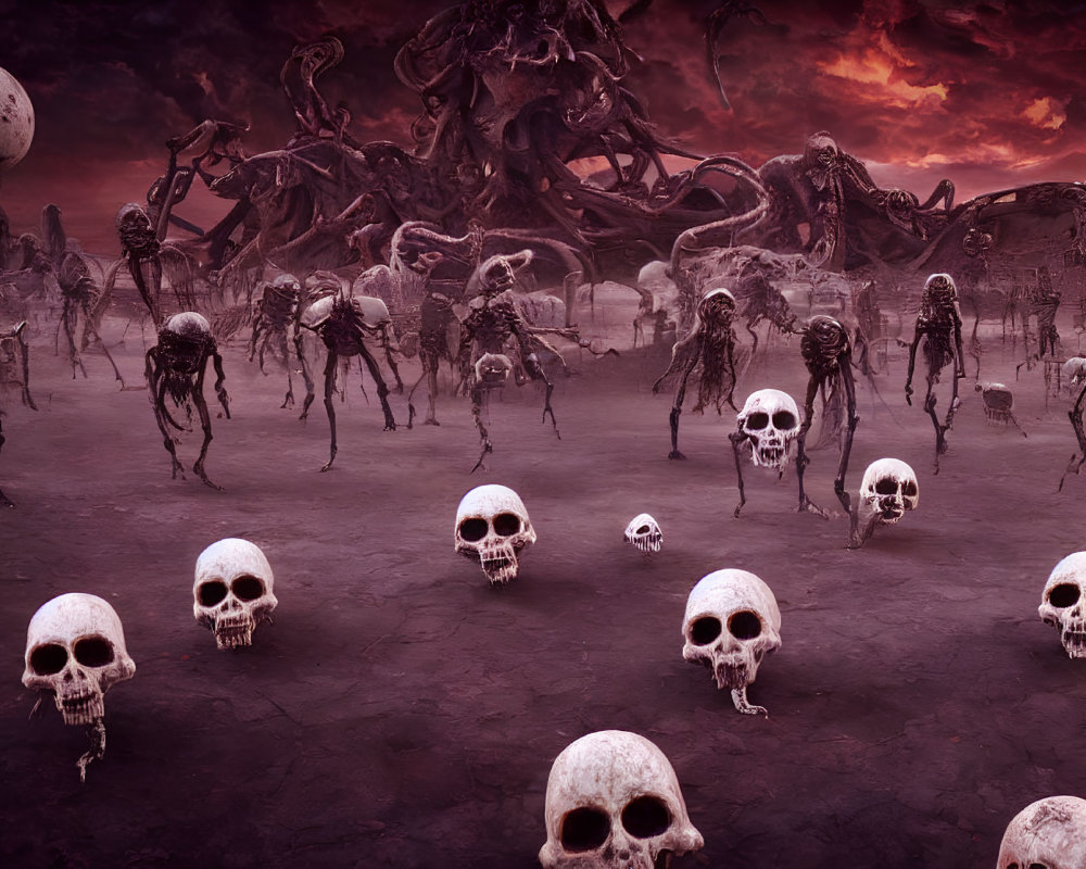 Dystopian landscape with crimson sky, skeletal creatures, and scattered skulls depicting post-apocalyptic desolation