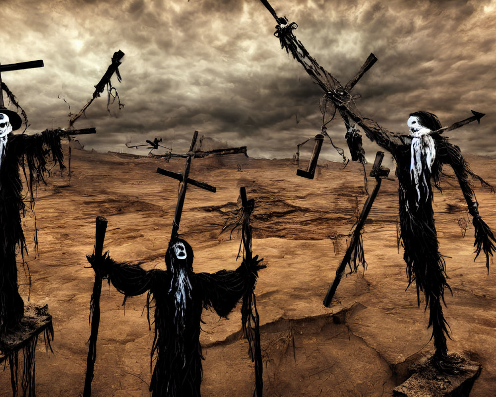 Eerie landscape with crosses and skull-faced figures under cloudy sky