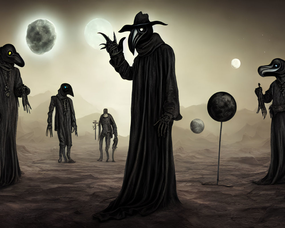 Surreal plague doctor and automaton in moonlit landscape