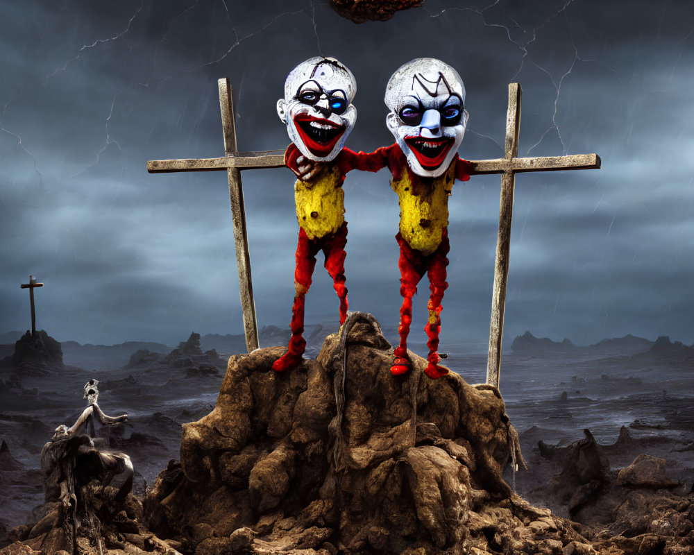 Clown masks on crosses in dramatic landscape with dog