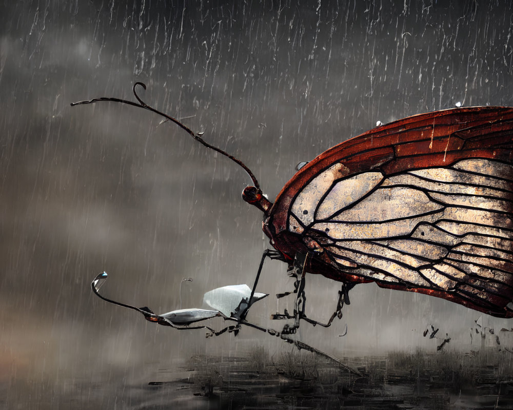 Metallic butterfly structure in rain near pond with figure on boat