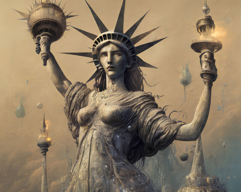 Statue of Liberty with multiple torches and crowns in surreal setting